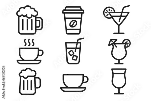 Drinks and beverages line icon set. Beer mug, coffee cup, cocktail glass, hot tea, soda icons. Modern thin line vector symbols for bar, cafe menu, web, mobile app design.