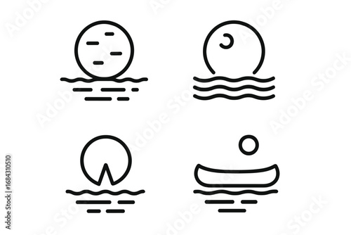 Moonlit lake icon set. Outline symbols of moonlight reflection on water, full moon, crescent, canoe, and lily pad. Vector graphic for nature, travel, or tranquil themes.