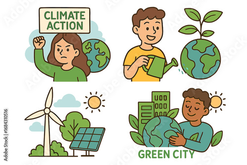 Set of climate action and sustainability concepts. Green city, renewable energy, protest and conservation. Vector cartoon illustration for Earth Day or environmental project.