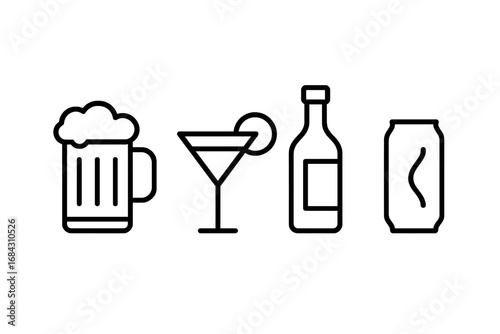 Vector line icon set of drinks and beverages. Includes beer mug, cocktail glass, liquor bottle, soda can. For bar, pub, restaurant menu, party flyer, app, and web design.