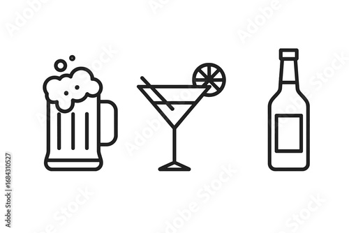 Alcohol drinks line icon set. Beer mug, cocktail glass, bottle symbols. Simple vector illustration for bar menu, party, beverage, pub, restaurant, app, website design.