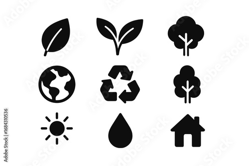 Nature and environment solid icon set. Eco friendly, ecology and sustainability concept symbols. Vector collection of leaf, plant, tree, recycle, earth, sun, water drop icons.