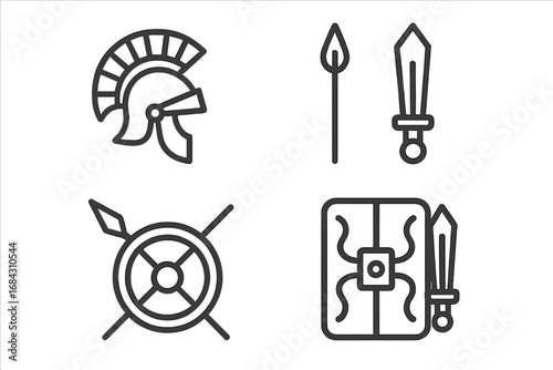 Ancient Rome and Greece warfare line art icons. Minimalist vector of gladiator and legionary equipment. Roman helmet, sword, spear, shield. Spartan military history symbol set.