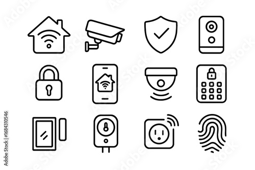 Smart home security system vector line icon set. Home automation technology, remote control, and protection outline icons. Includes camera, lock, sensor, and fingerprint.
