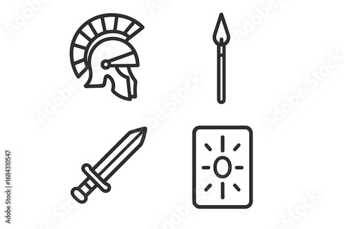 Ancient Roman & Greek warrior icon set. Minimalist line art of gladiator equipment. Vector symbols of a spartan helmet, gladius sword, spear, & scutum shield. Legionary.