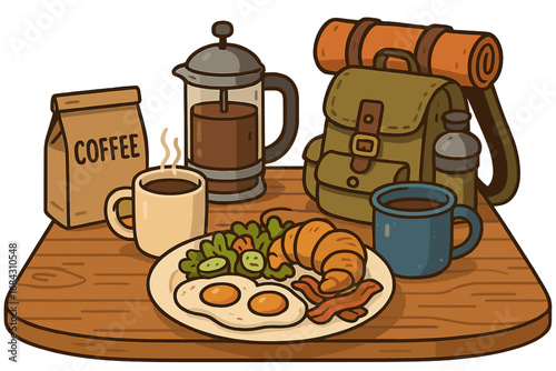Camping breakfast with coffee and croissant. Outdoor adventure food concept. Hiker's brunch with backpack, french press, eggs and bacon. Vector cartoon illustration.