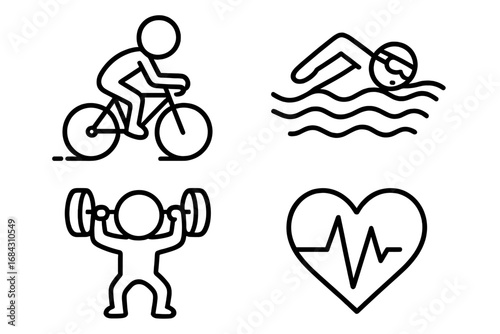 Fitness line art icon set. Vector cartoon collection of stick figures cycling, swimming, weightlifting. Heart health symbol with cardiogram. Healthy lifestyle workout.