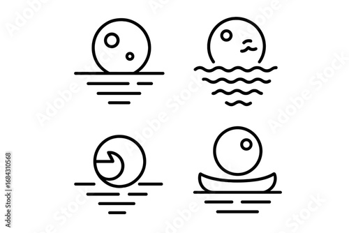 Moonlit lake icon set with full moon and reflection on water. Minimalist outline symbols of night scenery, rippling waves, a canoe, and a lily pad. Vector graphic for nature themes.