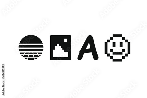 Solid filled icon pack of niche internet culture memes. Vaporwave sunset, low-res image, Comic Sans font A, pixel emoji. Retro digital aesthetic symbols for graphic design.