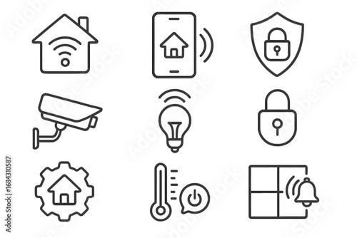 Smart home technology and security system line icon set. Home automation, remote control, IoT connectivity concept symbols. Vector outline pictogram collection. CCTV.