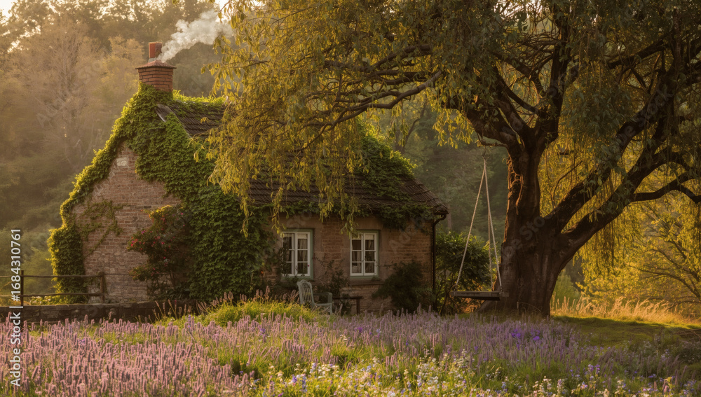 Obraz premium Fantasy Village House in Peaceful Green Forest with Serene Nature Vi