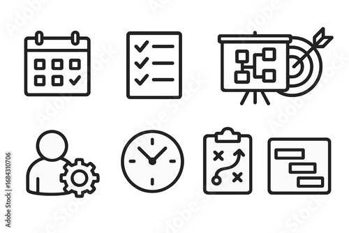 Project management minimalist line icon set. Business planning and strategy concept. Vector icons for workflow, task, deadline, time management, goal, and schedule. Corporate.
