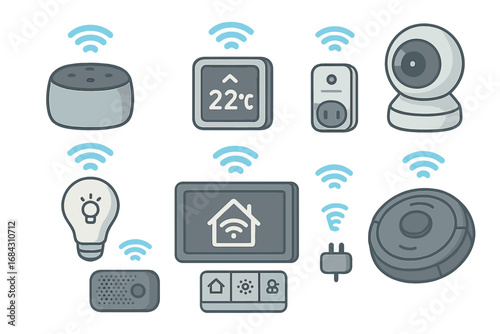 Smart home technology vector icon set. Collection of home automation devices. Internet of Things (IoT) concept with connected gadgets like smart speaker, camera, and lightbulb.