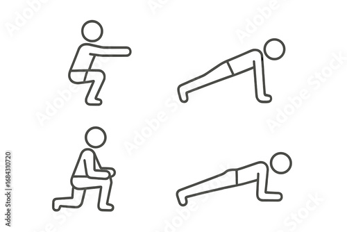 Minimalist exercise icons set. Bodyweight workout poses like squat, plank, lunge, push-up. Fitness and gym training symbols. Simple line art vector illustration. Stick figure.