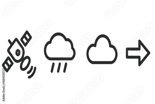 Weather forecast vector icon set. Minimalist line art symbols for meteorology and climate. Satellite, rain, cloud, arrow icons. Technology and data communication graphic.