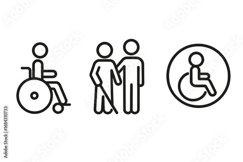Minimalist accessibility icons. Wheelchair symbol, disabled person sign. Inclusive design for mobility aid, assistance. Vector line icons for disability, blind person support.
