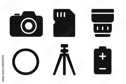 Photography gear icon set. Solid glyph icons of photo equipment. DSLR camera, lens, tripod, battery, memory card, and filter. Professional photographer tools vector.