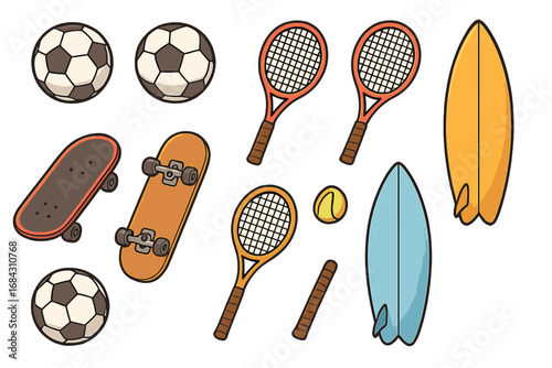 Sports equipment collection. Vector sport icons set. Soccer, football, tennis, skateboard, surfboard. Summer outdoor activities. Recreation, hobby, leisure. Cartoon illustration.
