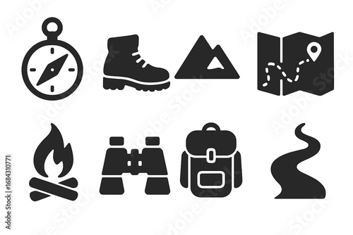 Outdoor adventure solid icons set. Flat glyph style for travel, exploration, and camping activities. Includes compass, hiking boot, mountain, map, campfire, binoculars.