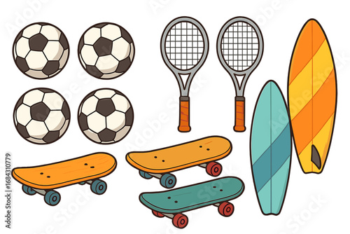 Sports equipment set. Vector cartoon icons. Soccer ball, tennis racket, skateboard, surfboard. Outdoor activities, hobby, and leisure concept. Isolated game elements collection.
