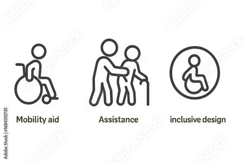Accessibility icons set. Mobility aid, assistance, inclusive design. Vector symbols for disability, wheelchair user, senior care, and handicap access. Outline pictogram collection.