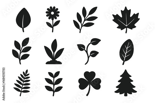 Nature and leaf silhouette icon set. Botanical plant and floral vector illustration collection. Includes maple leaf, clover, pine tree, and fern. Simple black glyph symbols.