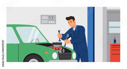 Mechanic Working on Car Engine with Tools in Garage.