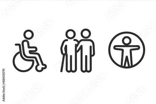 Accessibility icons set. Minimalist vector line symbols for inclusive design, mobility aid, and assistance. Disabled person in wheelchair, senior with cane, universal access sign.