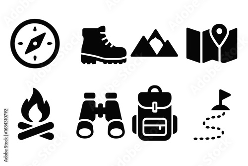 Outdoor adventure solid icons set. Glyph symbols for hiking, camping, exploration, and travel. Includes compass, trekking boot, mountain, map pin, campfire, binoculars, backpack, route.