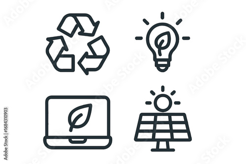 Eco friendly icon set with green energy, renewable resources, and sustainability symbols. Recycling, solar panel, eco idea, and green technology for clean power.