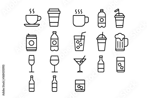 Drink and beverage line icon set. Vector symbols for coffee, soda, water, beer, wine, and cocktails. Minimalist outline pictograms for cafe, bar, and restaurant menu design.