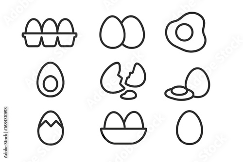 Egg icon set. Linear food symbols collection for breakfast menu, recipe, web design. Editable stroke. Fried, boiled, broken, whole eggs in carton and bowl. Vector illustration.