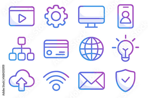 Set of modern gradient icons for technology and web design. Vector symbols for user interface, business, security, communication, cloud computing, payment, and social media.
