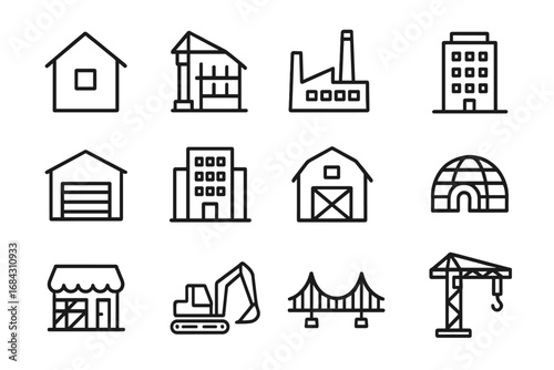 Construction and building line icon set. Real estate and architecture vector icons. House, factory, crane, excavator symbols. Editable stroke for web and app design.