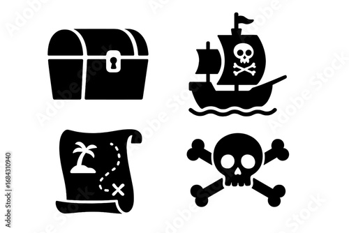Pirate adventure silhouette icon set. Vector graphics collection with treasure chest, pirate ship, island map, and skull with crossbones. Marine buccaneer symbols.