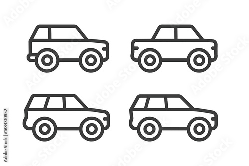 Set of minimalist line art SUV car icons. Black and white vector cartoon illustration for web and mobile design. Automotive, transport, and vehicle pictograms isolated.
