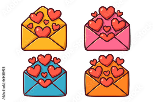 Vector set of colorful envelopes filled with hearts. Love letter icons symbolizing affection, romance, and care. Cute cartoon mail for Valentine's Day, love confession, or message.