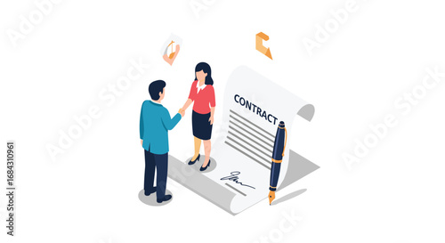 Successful business partners shake hands over signed contract agreement with pen, sealing a deal.