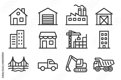 Construction line icon set. Building, industry, and real estate symbols. Vector collection of house, factory, crane, truck, excavator pictogram. Editable stroke for web design.
