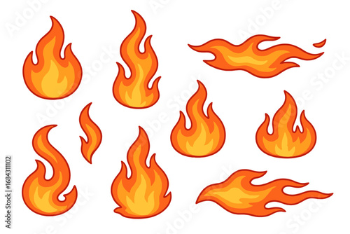Set of cartoon fire and flame icons. Vector illustration of various bonfire and campfire shapes. Hot blazing inferno symbol collection for design elements. Comic fiery stickers.
