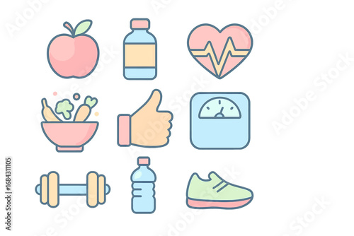 Healthy lifestyle pastel icon set. Nutrition, fitness, and wellness concept. Vector cartoon graphics for diet, exercise, gym, and health. Includes dumbbell, scale, and heart.