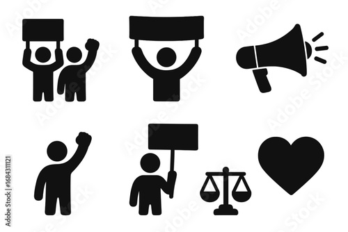 Protest and activism silhouette icon set. Vector symbols for demonstration, social justice, human rights, and equality. Includes protester, banner, megaphone, and justice scales.