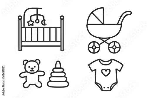 Newborn essentials icon set. Baby care items in minimalist doodle style. Vector line art of crib, stroller, toys, teddy bear, and clothing. Infancy and motherhood concept.