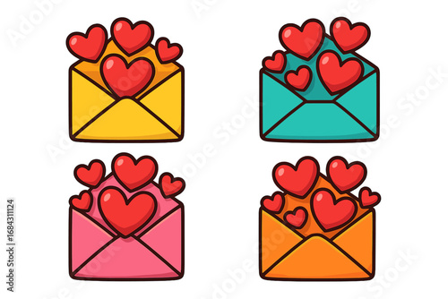 Set of colorful cartoon envelopes with red hearts. Love letter icon collection. Vector illustration for Valentine's Day, romance, greeting cards. Mail symbol of affection.
