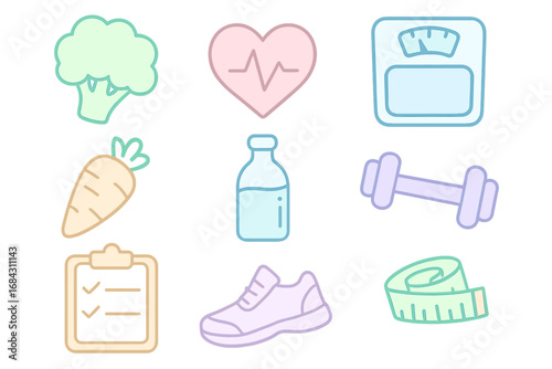 Health and fitness icon set. Healthy lifestyle, nutrition, diet and workout concept. Vector cartoon collection of wellness symbols like food, sport, cardio and weight loss.