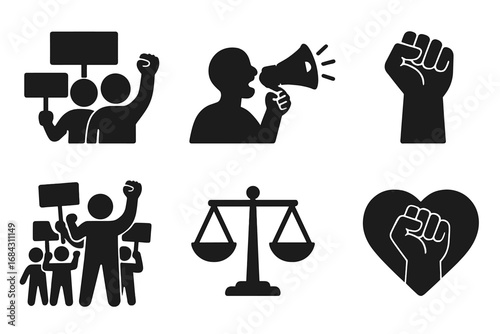 Protest and activism silhouette icon set. Demonstration, social justice symbols. Human rights, equality, freedom march. Raised fist, megaphone, justice scales vector icons.