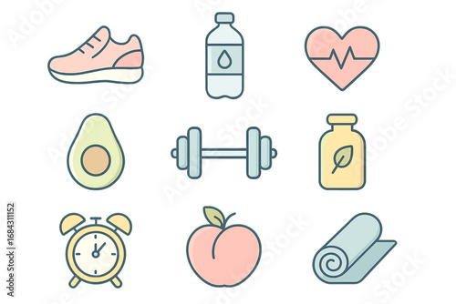 Healthy lifestyle icon set. Vector graphics of fitness and nutrition essentials. Pastel color symbols for diet, sport, wellness, and workout concepts. Cartoon elements for design.