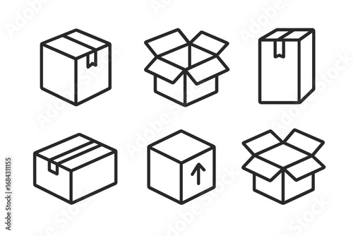 Packaging box outline icon set. Carton and shipping container line art collection. Vector icons for delivery, logistics, e-commerce, and moving. Open and closed boxes.