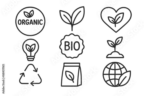 Organic food, eco friendly product and nature line icon set. Bio, vegan, vegetarian, gluten free symbols. Recycle, sustainability, environment and green energy concepts. Vector.