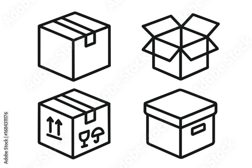 Packaging box outline icon set. Isometric shipping and delivery carton container collection. Vector line art of open, closed, and fragile parcel boxes for logistics or moving.
